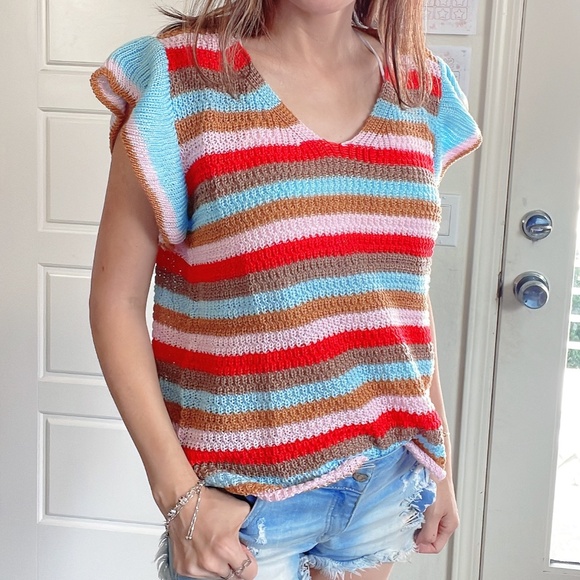 Vibrant Color Block Stripes ruffle Sleeve Blouse - Picture 4 of 7